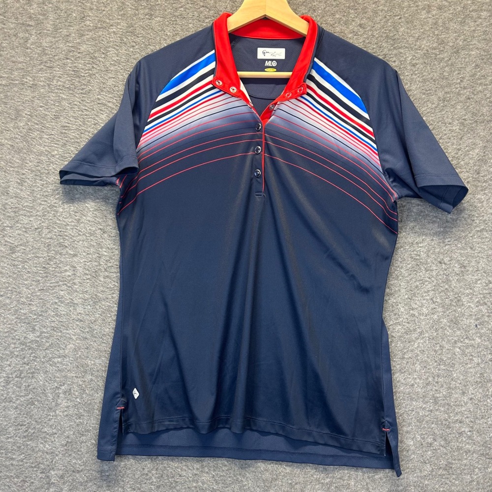 Greg Norman ML75 Play Dry Womens Polo Shirt Navy Blue Red Striped Size L